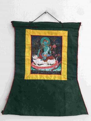 Vintage Thangka Painting of Manjushri in Small Size Framed on Brocade